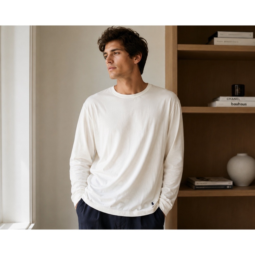 Polo Ralph Lauren Mens 2XL Cream Long Sleeve Sleep Shirt Cotton Lounge Tee‎ Logo
